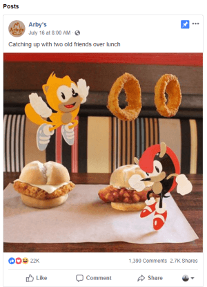 Chaos and Tails from Sonic the Hedgehog characters posing with Arby's food